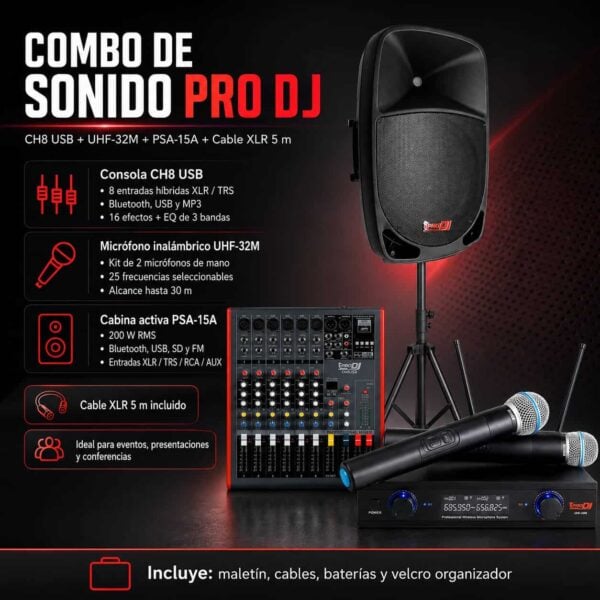 Combo sonido en vivo PRO DJ CH8 con micrófonos UHF y cabina PSA-15A SYS